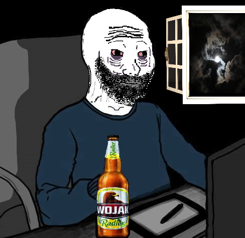 doomer wojak drinking at night
