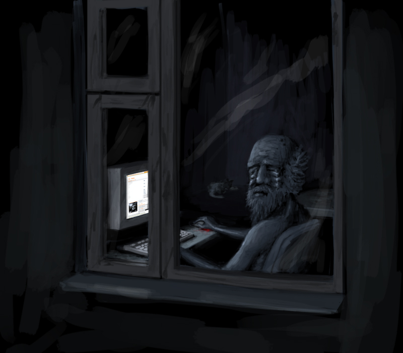 doomer using computer in a dark room